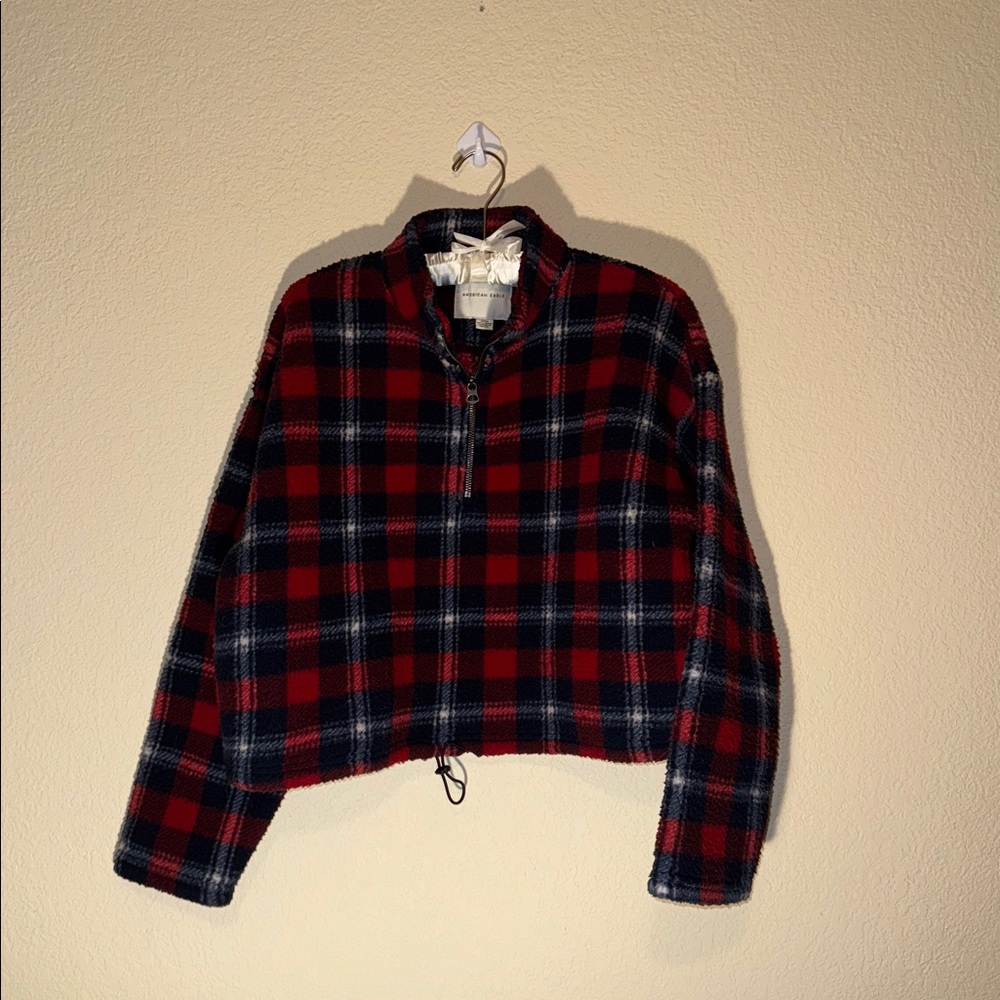 American Eagle Outfitters Red and Black Plaid Cropped Sherpa Jacket